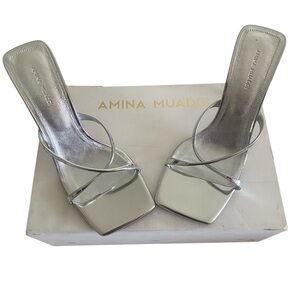 ✨ NEW! Authentic! Amina Muaddi Silver Strappy Heels – Size 38.5 ✨ Mules